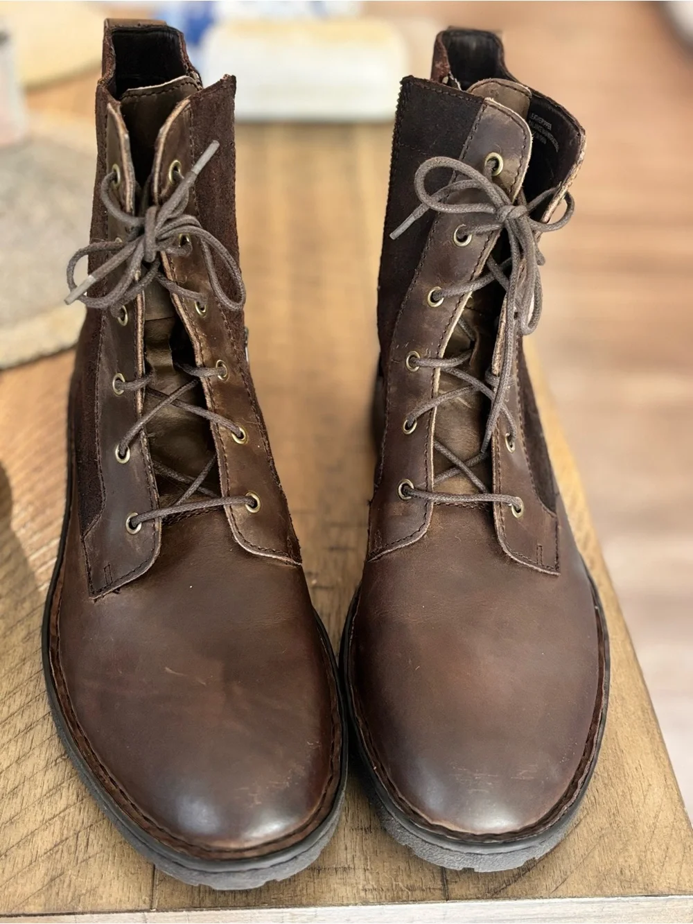 Born Men's Dark Brown genuine Leather Lace-Up Boots with Side Zipper
